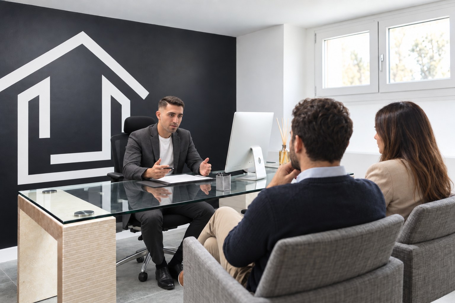 Consulenza in ufficio: consulente che illustra la valutazione dell'immobile a due proprietari, con il logo Immobili Luxury House sul fondo