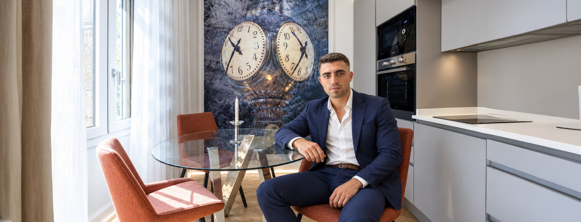 Titolare di Immobili Luxury House in giacca blu, seduto a un tavolo rotondo in cristallo in un interno moderno con opera artistica a tema orologio sul fondo